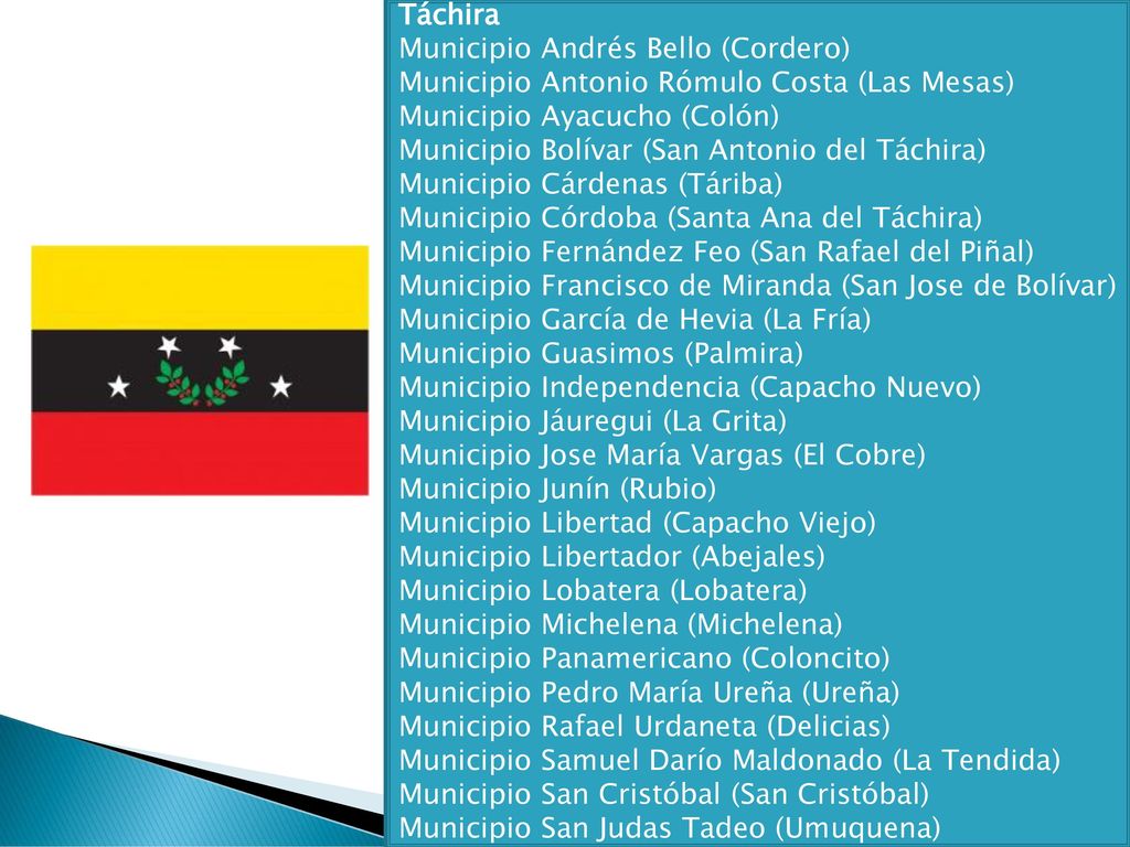 Táchira Municipio Andrés Bello (Cordero) Municipio Antonio Rómulo Costa (Las Mesas) Municipio Ayacucho (Colón)