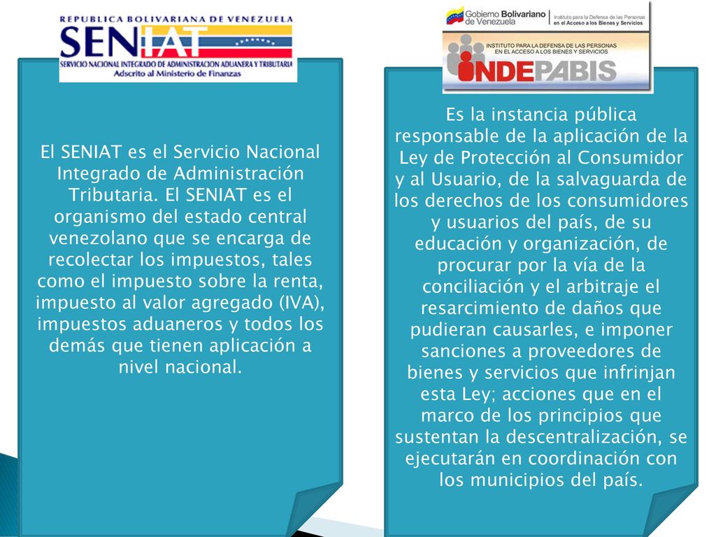 El SENIAT es el Servicio Nacional Integrado de Administración Tributaria. El SENIAT es el organismo del estado central venezolano que se encarga de recolectar los impuestos, tales como el impuesto sobre la renta, impuesto al valor agregado (IVA), impuestos aduaneros y todos los demás que tienen aplicación a nivel nacional.