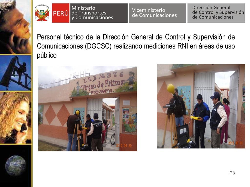 Personal técnico de la Dirección General de Control y Supervisión de Comunicaciones (DGCSC) realizando mediciones RNI en áreas de uso público