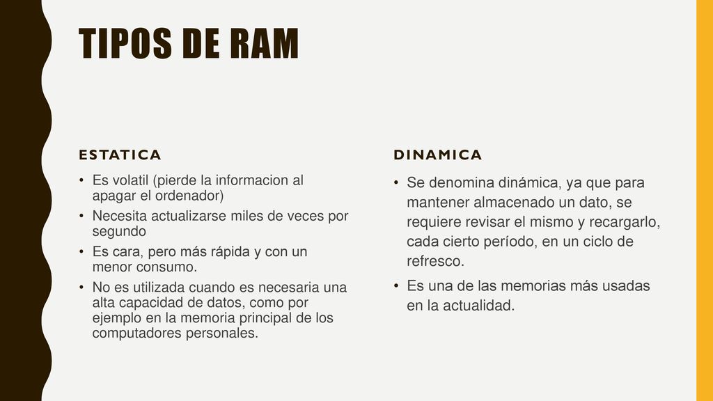 Tipos de ram Estatica. Dinamica. Es volatil (pierde la informacion al apagar el ordenador) Necesita actualizarse miles de veces por segundo.
