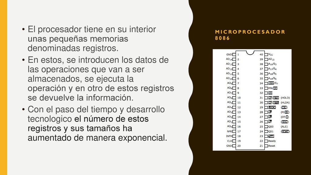 Microprocesador 8086 El procesador tiene en su interior unas pequeñas memorias denominadas registros.