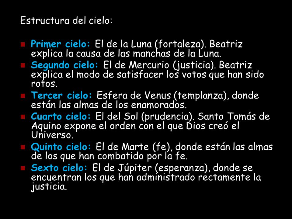 Estructura del cielo: Primer cielo: El de la Luna (fortaleza). Beatriz explica la causa de las manchas de la Luna.