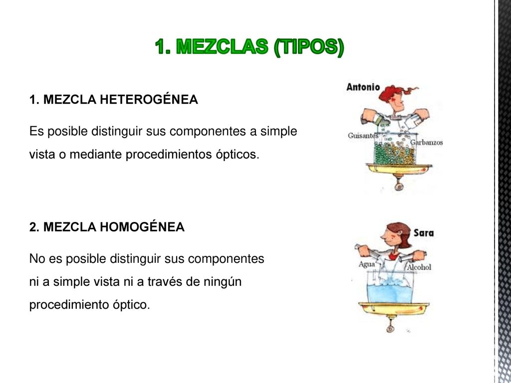 1. MEZCLAS (tipos) 1. MEZCLA HETEROGÉNEA