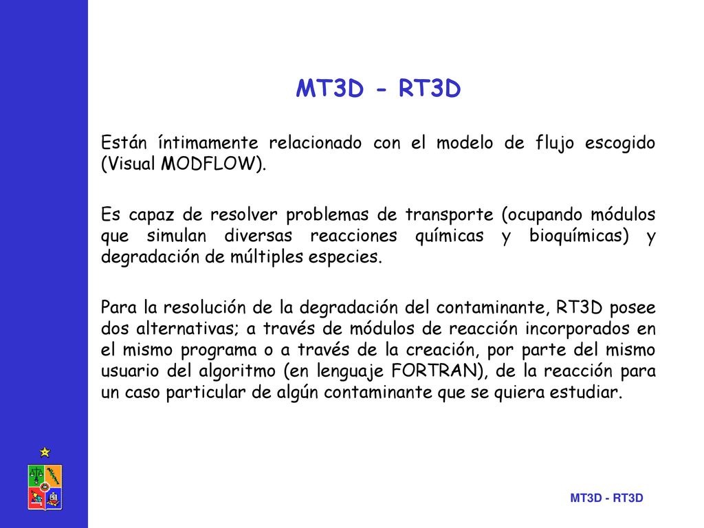 MT3D - RT3D Están íntimamente relacionado con el modelo de flujo escogido (Visual MODFLOW).