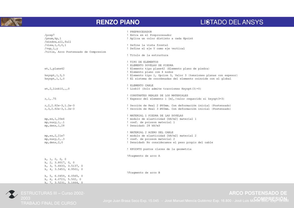 LISTADO DEL ANSYS ! PREPROCESADOR /prep7 ! Entra en el Preprocesador