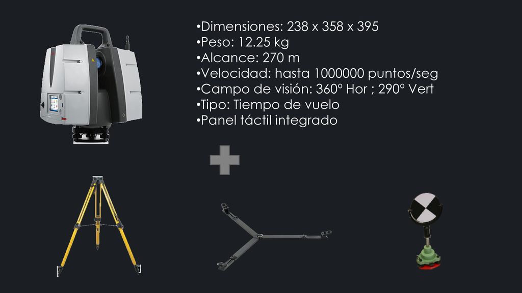 Dimensiones: 238 x 358 x 395 Peso: kg. Alcance: 270 m. Velocidad: hasta puntos/seg.