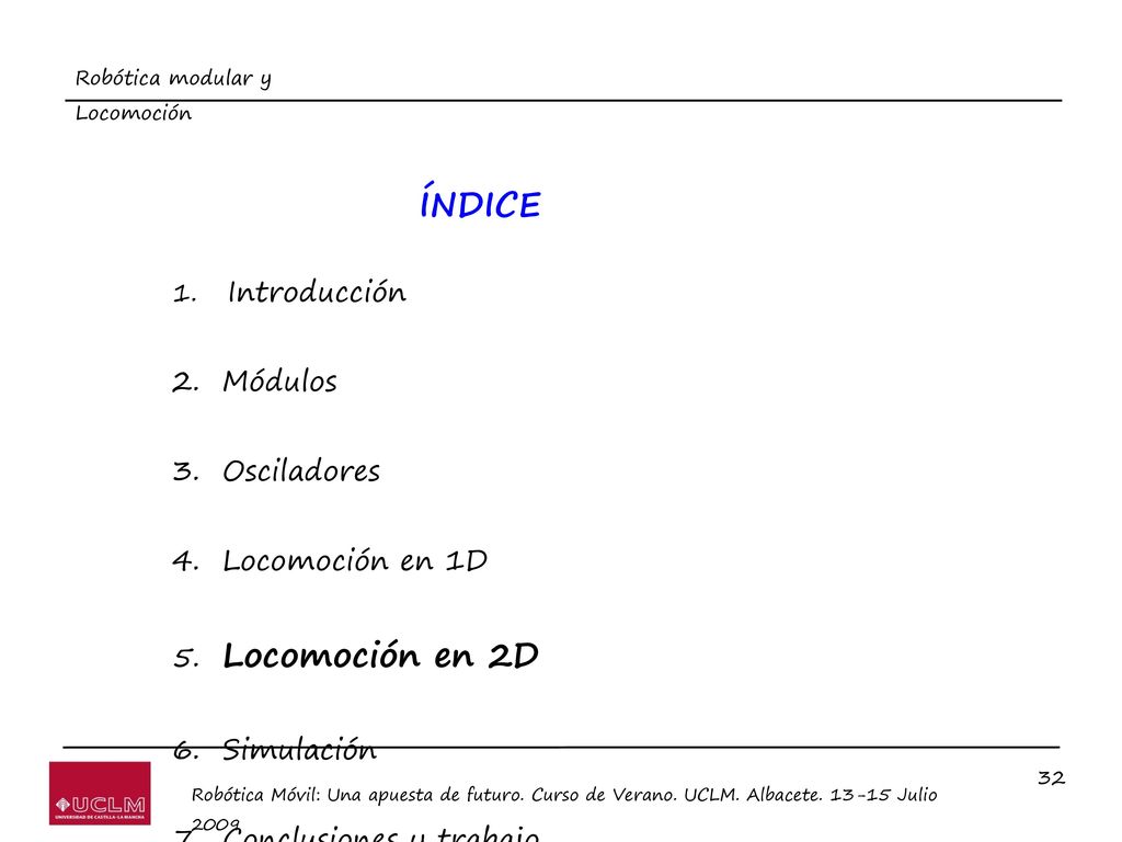 ÍNDICE Módulos Osciladores Locomoción en 1D Locomoción en 2D
