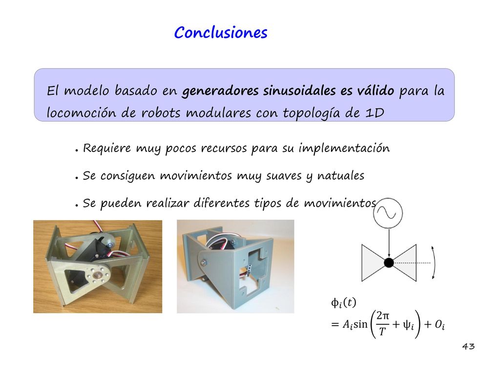 Conclusiones El modelo basado en generadores sinusoidales es válido para la locomoción de robots modulares con topología de 1D.