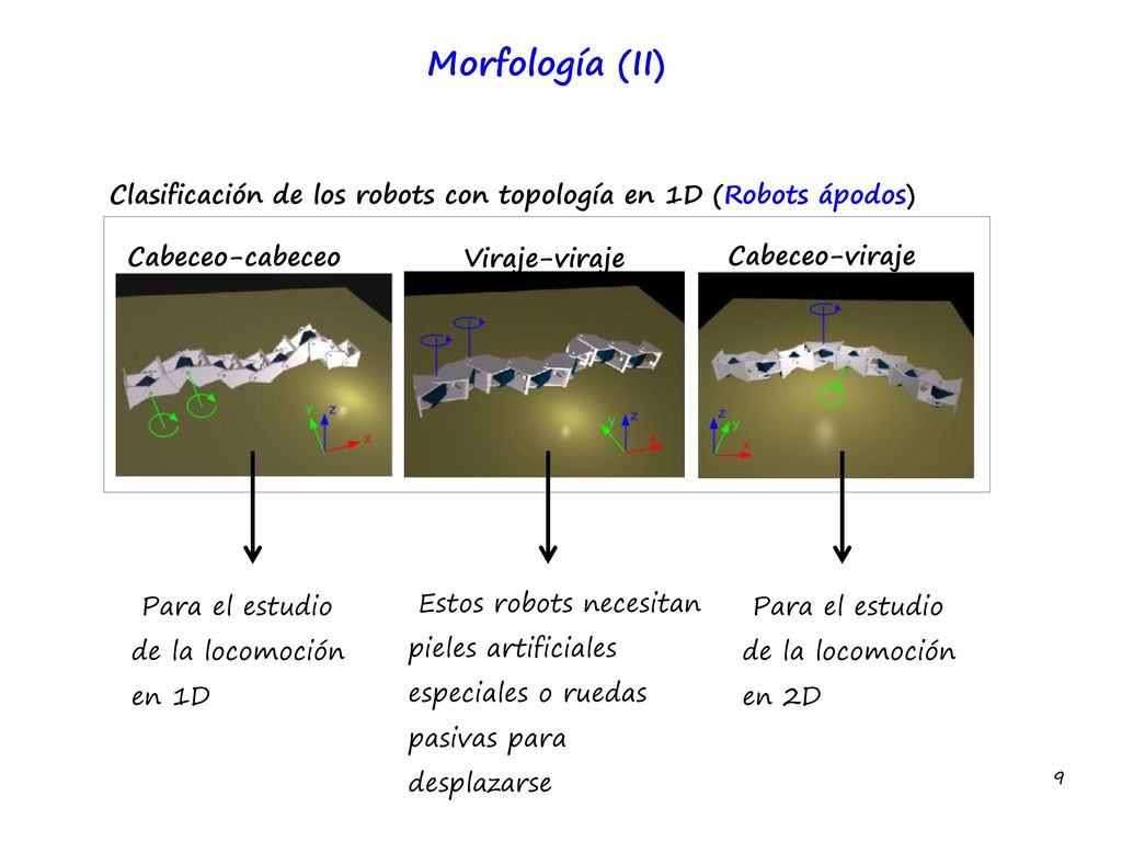 Morfología (II) Clasificación de los robots con topología en 1D (Robots ápodos) Cabeceo-cabeceo. Viraje-viraje.