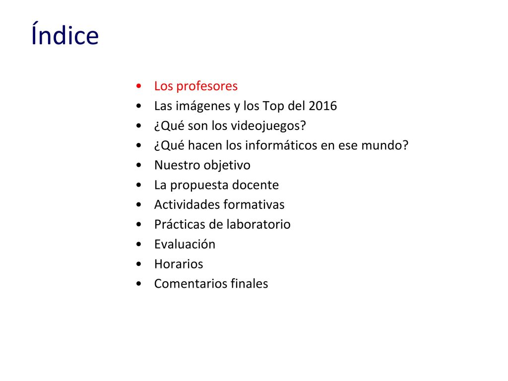 Índice Los profesores Las imágenes y los Top del 2016