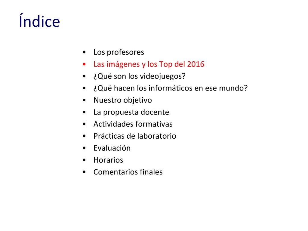 Índice Los profesores Las imágenes y los Top del 2016