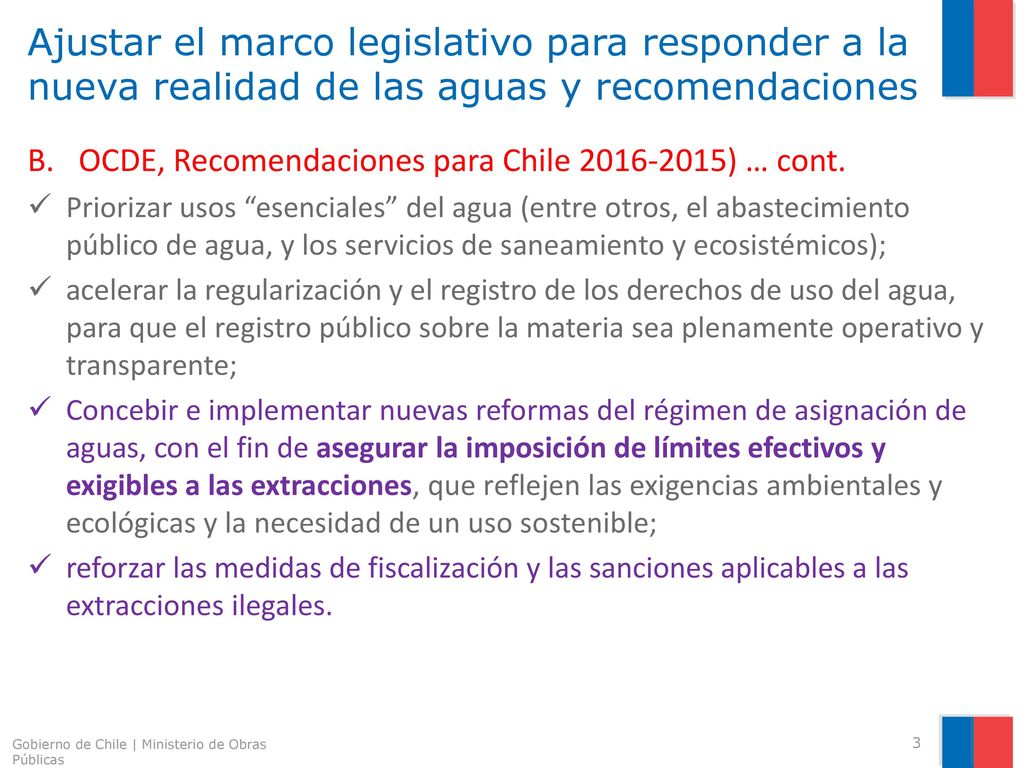 Ajustar el marco legislativo para responder a la nueva realidad de las aguas y recomendaciones