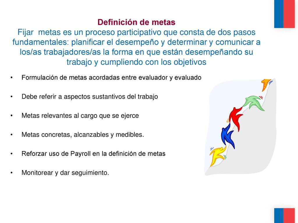 Definición de metas Fijar metas es un proceso participativo que consta de dos pasos fundamentales: planificar el desempeño y determinar y comunicar a los/as trabajadores/as la forma en que están desempeñando su trabajo y cumpliendo con los objetivos