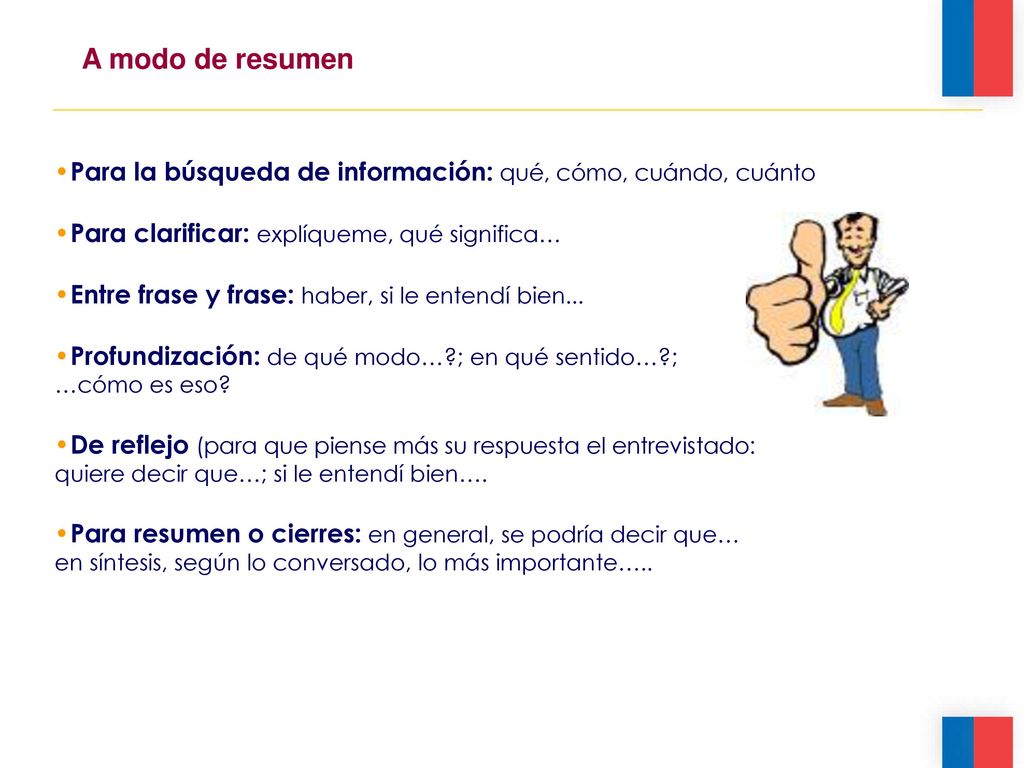 A modo de resumen Para la búsqueda de información: qué, cómo, cuándo, cuánto. Para clarificar: explíqueme, qué significa…