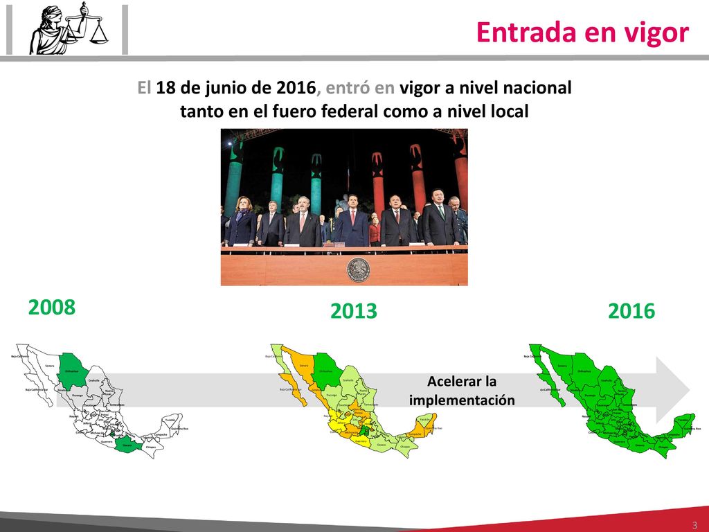 Entrada en vigor El 18 de junio de 2016, entró en vigor a nivel nacional. tanto en el fuero federal como a nivel local.