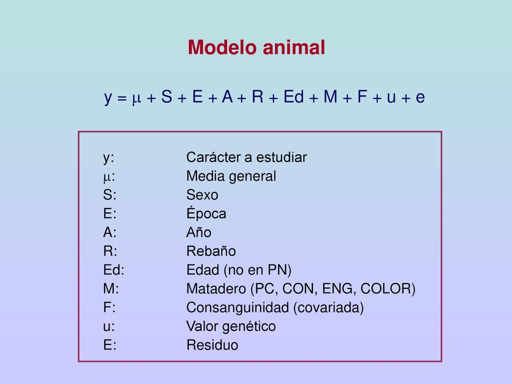 Modelo animal y = m + S + E + A + R + Ed + M + F + u + e