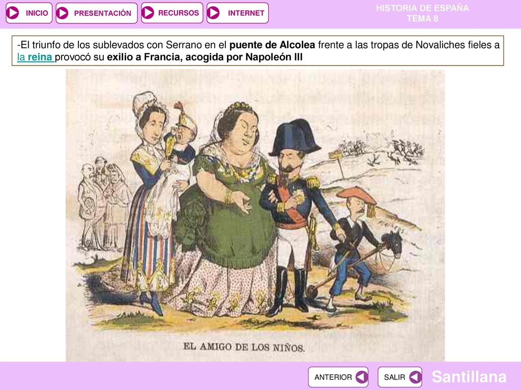 -El triunfo de los sublevados con Serrano en el puente de Alcolea frente a las tropas de Novaliches fieles a la reina provocó su exilio a Francia, acogida por Napoleón III