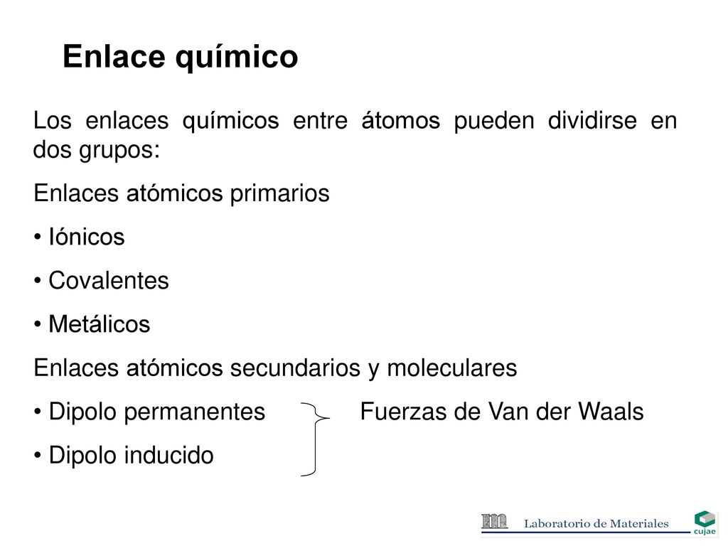 Enlace químico Los enlaces químicos entre átomos pueden dividirse en dos grupos: Enlaces atómicos primarios.