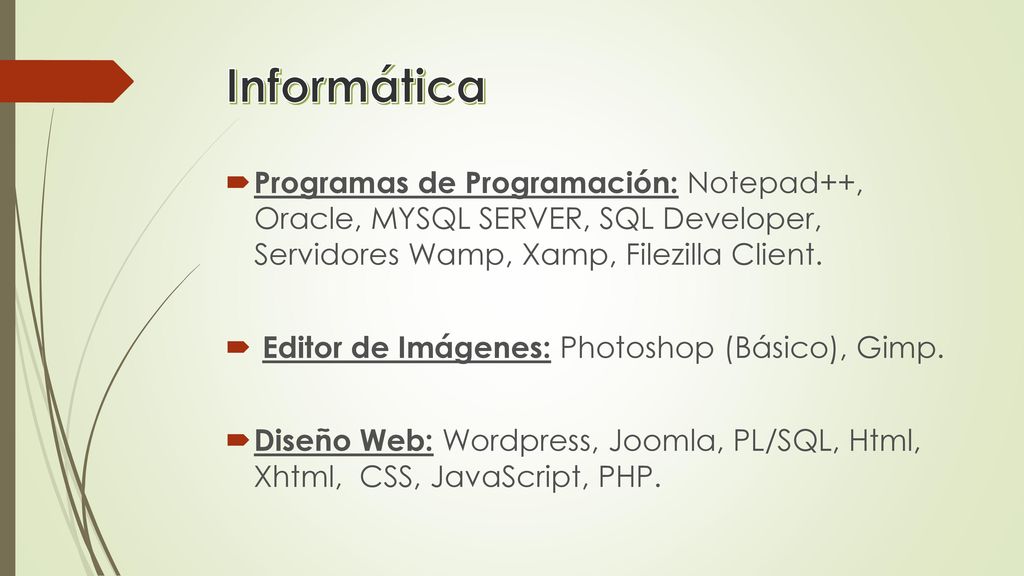 Informática Programas de Programación: Notepad++, Oracle, MYSQL SERVER, SQL Developer, Servidores Wamp, Xamp, Filezilla Client.