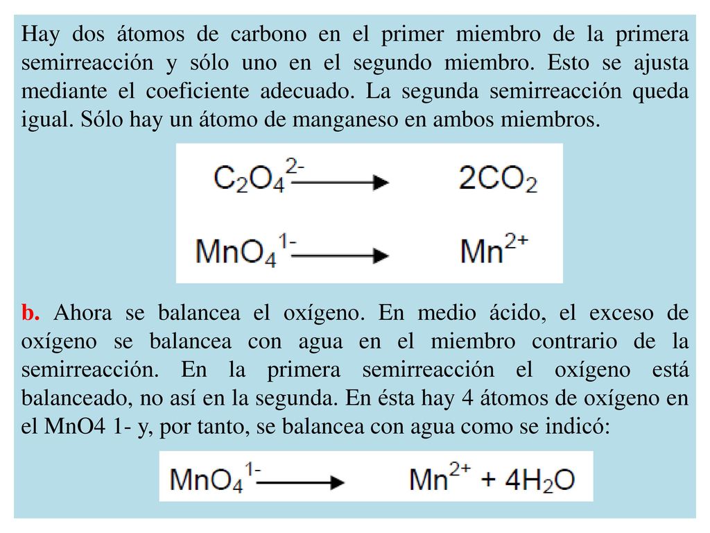 Hay dos átomos de carbono en el primer miembro de la primera semirreacción y sólo uno en el segundo miembro. Esto se ajusta mediante el coeficiente adecuado. La segunda semirreacción queda igual. Sólo hay un átomo de manganeso en ambos miembros.