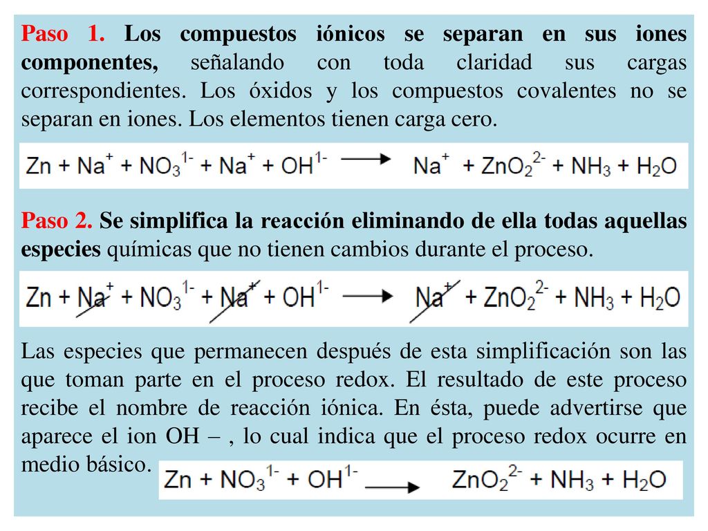 Paso 1. Los compuestos iónicos se separan en sus iones componentes, señalando con toda claridad sus cargas correspondientes. Los óxidos y los compuestos covalentes no se separan en iones. Los elementos tienen carga cero.