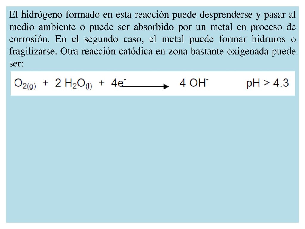 El hidrógeno formado en esta reacción puede desprenderse y pasar al medio ambiente o puede ser absorbido por un metal en proceso de corrosión.