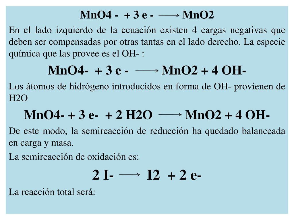 2 I- I2 + 2 e- MnO e - MnO2 + 4 OH-