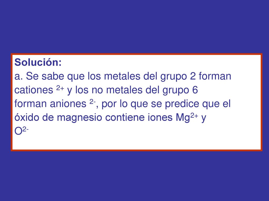 Solución: a. Se sabe que los metales del grupo 2 forman cationes 2+ y los no metales del grupo 6.