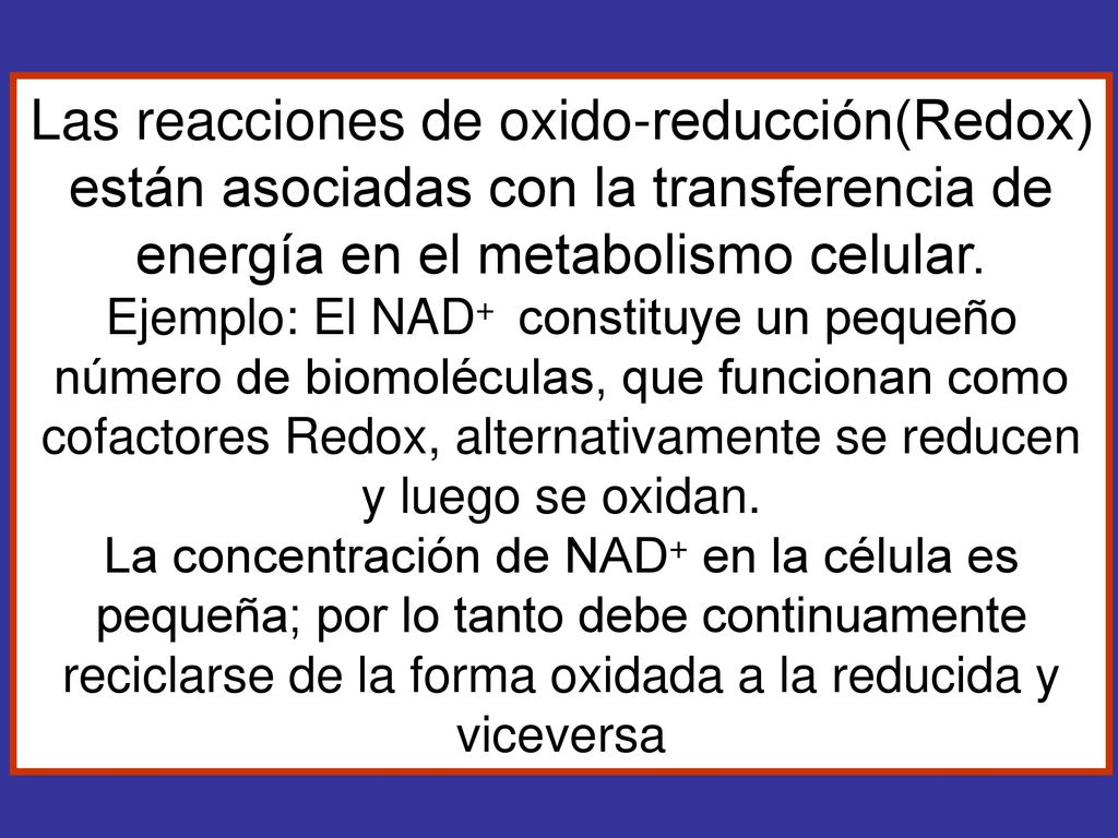 Las reacciones de oxido-reducción(Redox) están asociadas con la transferencia de energía en el metabolismo celular.