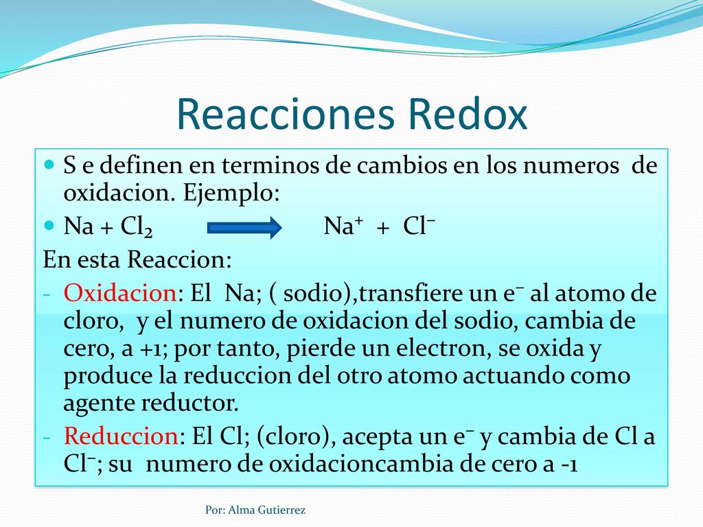 Reacciones Redox S e definen en terminos de cambios en los numeros de oxidacion. Ejemplo: Na + Cl₂ Na⁺ + Cl⁻