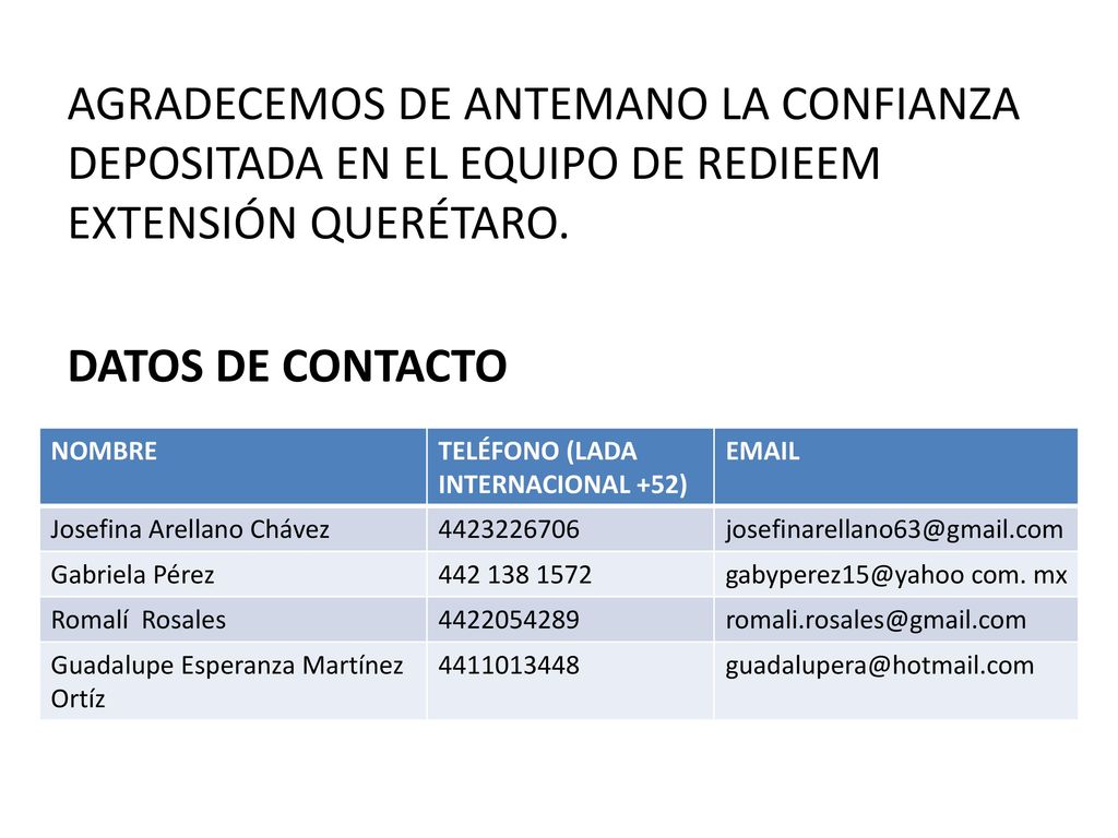AGRADECEMOS DE ANTEMANO LA CONFIANZA DEPOSITADA EN EL EQUIPO DE REDIEEM EXTENSIÓN QUERÉTARO. DATOS DE CONTACTO