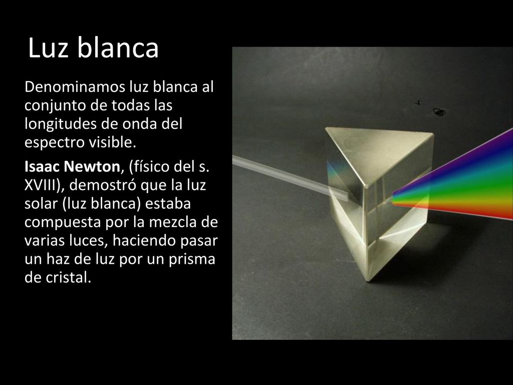 Luz blanca Denominamos luz blanca al conjunto de todas las longitudes de onda del espectro visible.