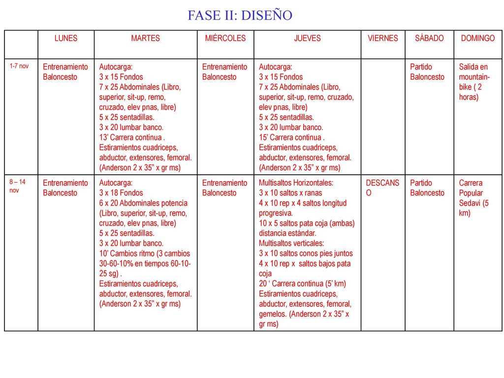 FASE II: DISEÑO LUNES MARTES MIÉRCOLES JUEVES VIERNES SÁBADO DOMINGO