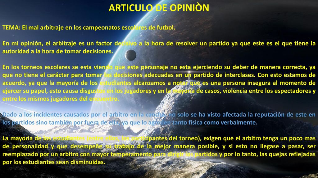 ARTICULO DE OPINIÒN TEMA: El mal arbitraje en los campeonatos escolares de futbol.