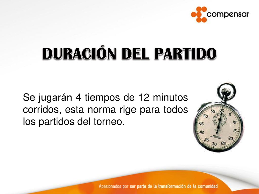 DURACIÓN DEL PARTIDO Se jugarán 4 tiempos de 12 minutos corridos, esta norma rige para todos los partidos del torneo.