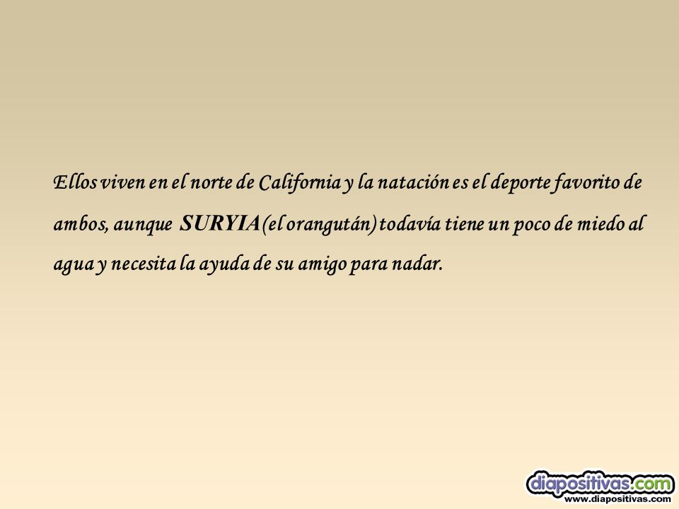 Ellos viven en el norte de California y la natación es el deporte favorito de ambos, aunque SURYIA(el orangután) todavía tiene un poco de miedo al agua y necesita la ayuda de su amigo para nadar.