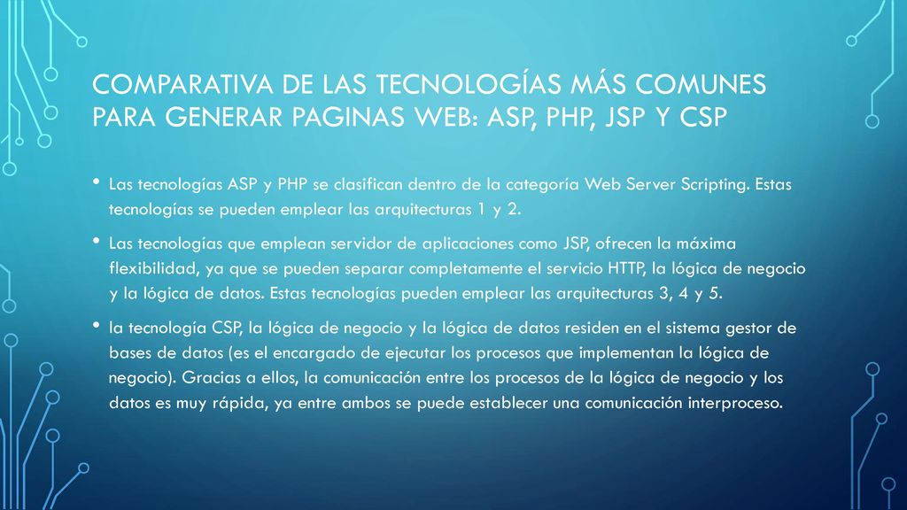 Comparativa de las tecnologías más comunes para generar paginas Web: ASP, PHP, JSP y CSP