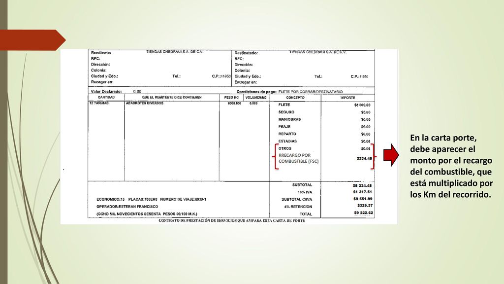 En la carta porte, debe aparecer el monto por el recargo del combustible, que está multiplicado por los Km del recorrido.