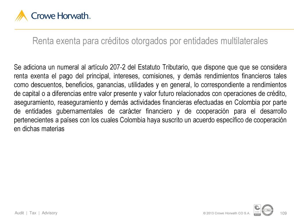 Renta exenta para créditos otorgados por entidades multilaterales