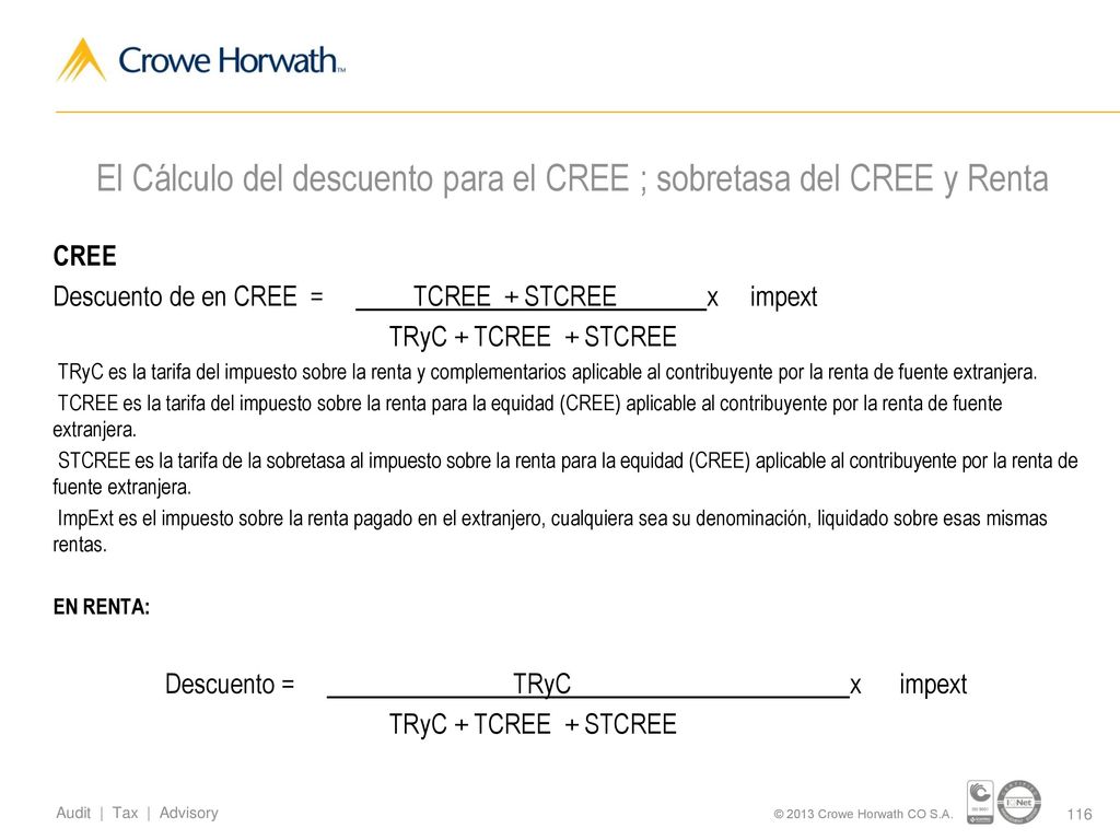 El Cálculo del descuento para el CREE ; sobretasa del CREE y Renta