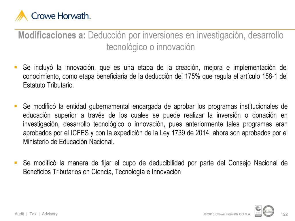 Modificaciones a: Deducción por inversiones en investigación, desarrollo tecnológico o innovación