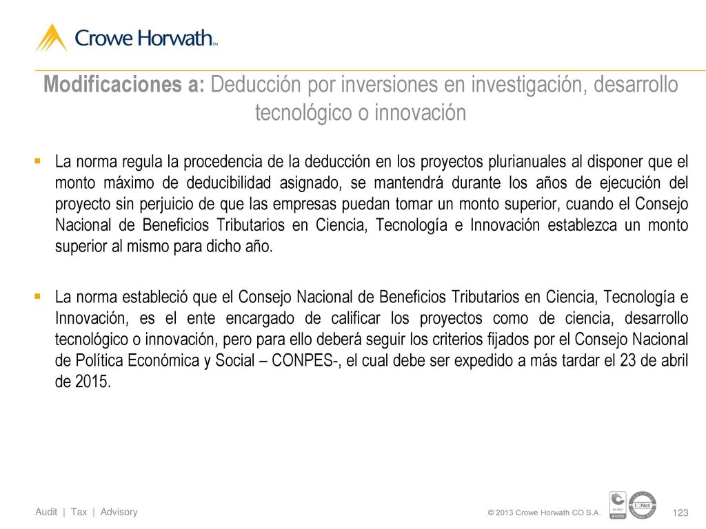 Modificaciones a: Deducción por inversiones en investigación, desarrollo tecnológico o innovación