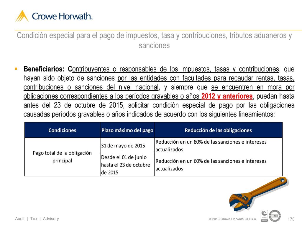 Condición especial para el pago de impuestos, tasa y contribuciones, tributos aduaneros y sanciones