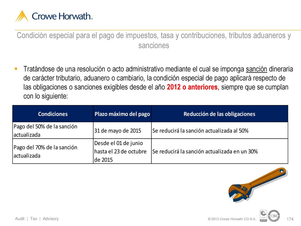 Condición especial para el pago de impuestos, tasa y contribuciones, tributos aduaneros y sanciones