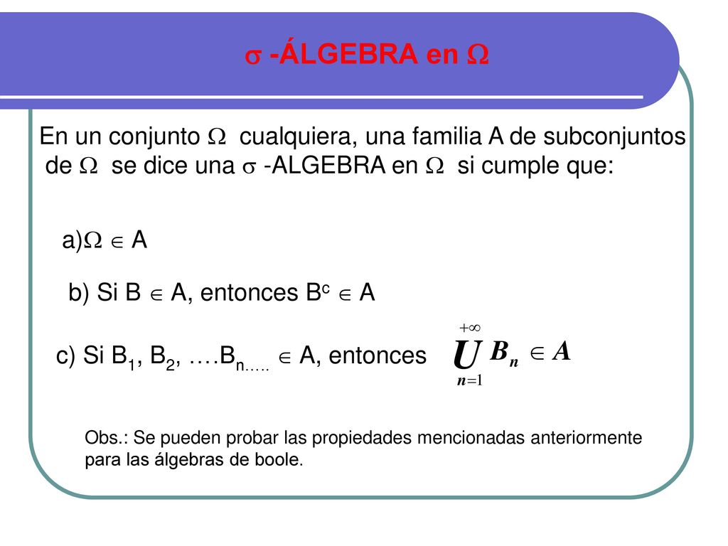 -ÁLGEBRA en  En un conjunto  cualquiera, una familia A de subconjuntos. de  se dice una  -ALGEBRA en  si cumple que:
