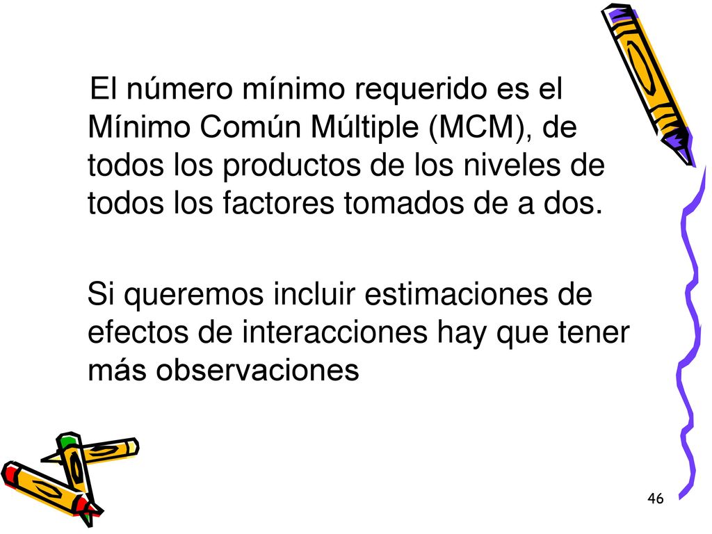El número mínimo requerido es el Mínimo Común Múltiple (MCM), de todos los productos de los niveles de todos los factores tomados de a dos.