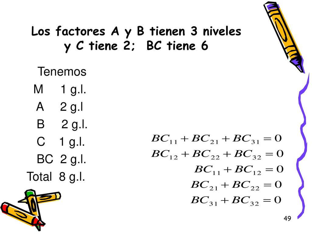 Los factores A y B tienen 3 niveles y C tiene 2; BC tiene 6