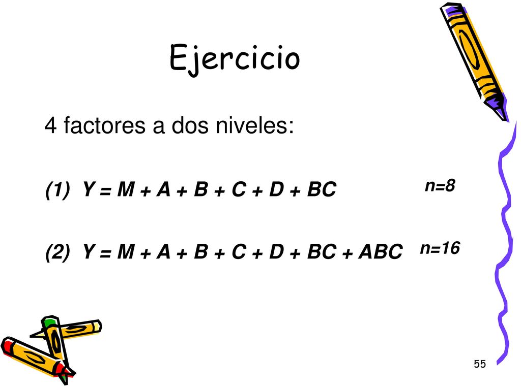 Ejercicio 4 factores a dos niveles: (1) Y = M + A + B + C + D + BC