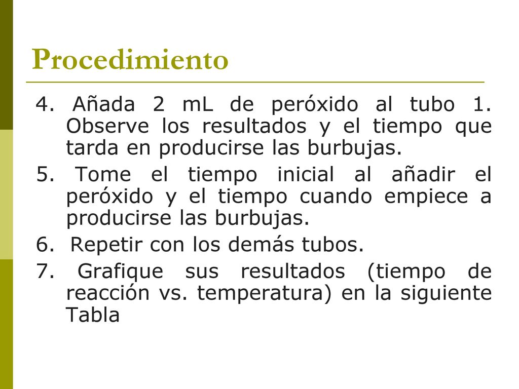 Procedimiento 4. Añada 2 mL de peróxido al tubo 1. Observe los resultados y el tiempo que tarda en producirse las burbujas.
