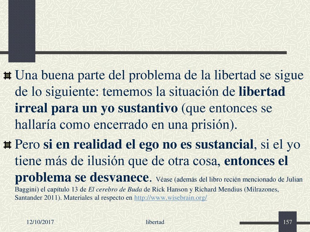 Una buena parte del problema de la libertad se sigue de lo siguiente: tememos la situación de libertad irreal para un yo sustantivo (que entonces se hallaría como encerrado en una prisión).